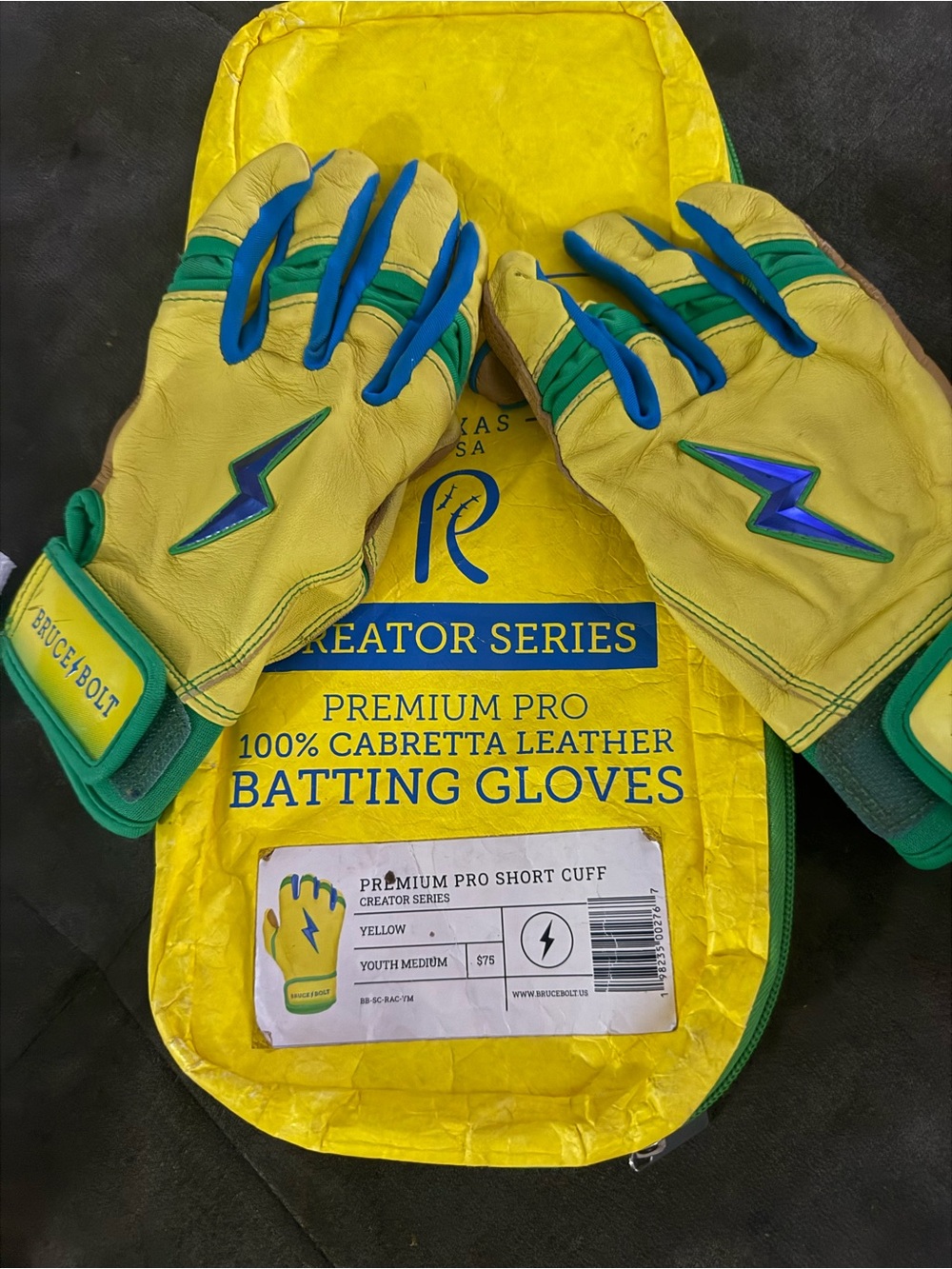 BruceBolt Yellow & Green Kids Batting Gloves - Youth Medium